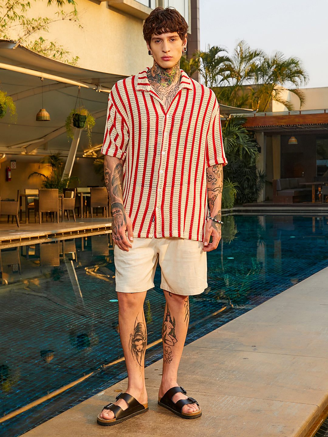 Striped Open-Knit Resort Shirt