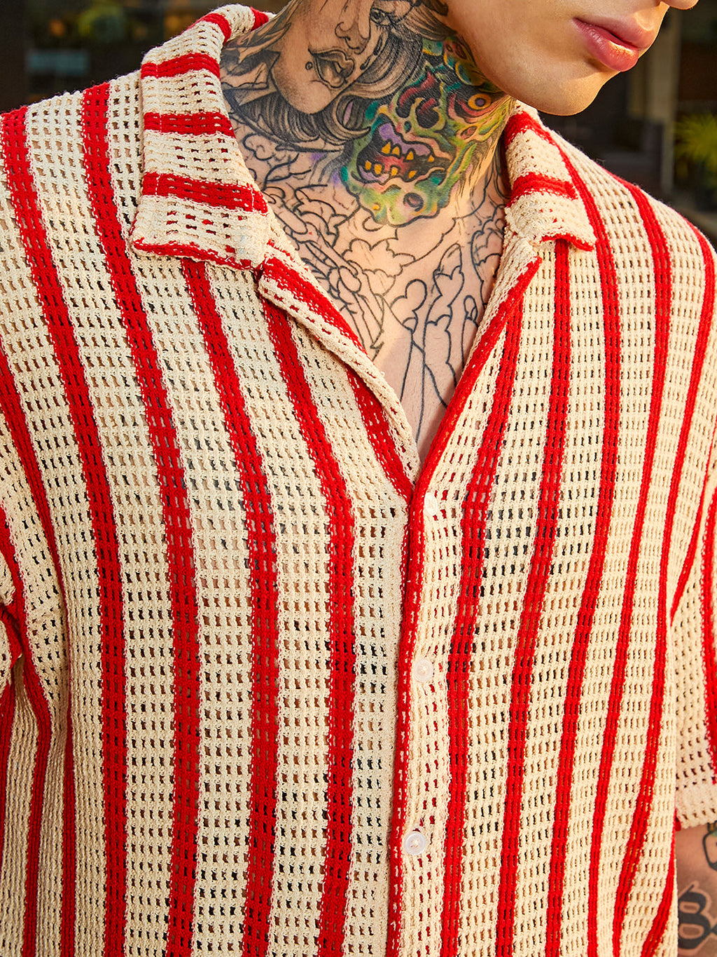 Striped Open-Knit Resort Shirt