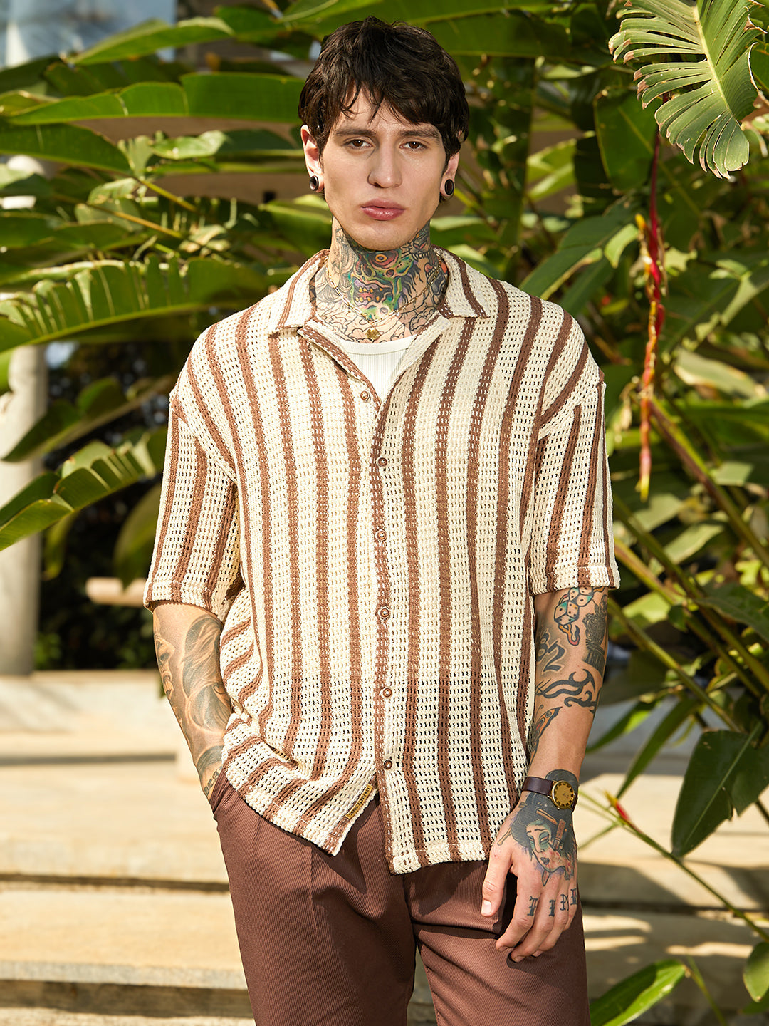 Striped Open-Knit Oversized Shirt