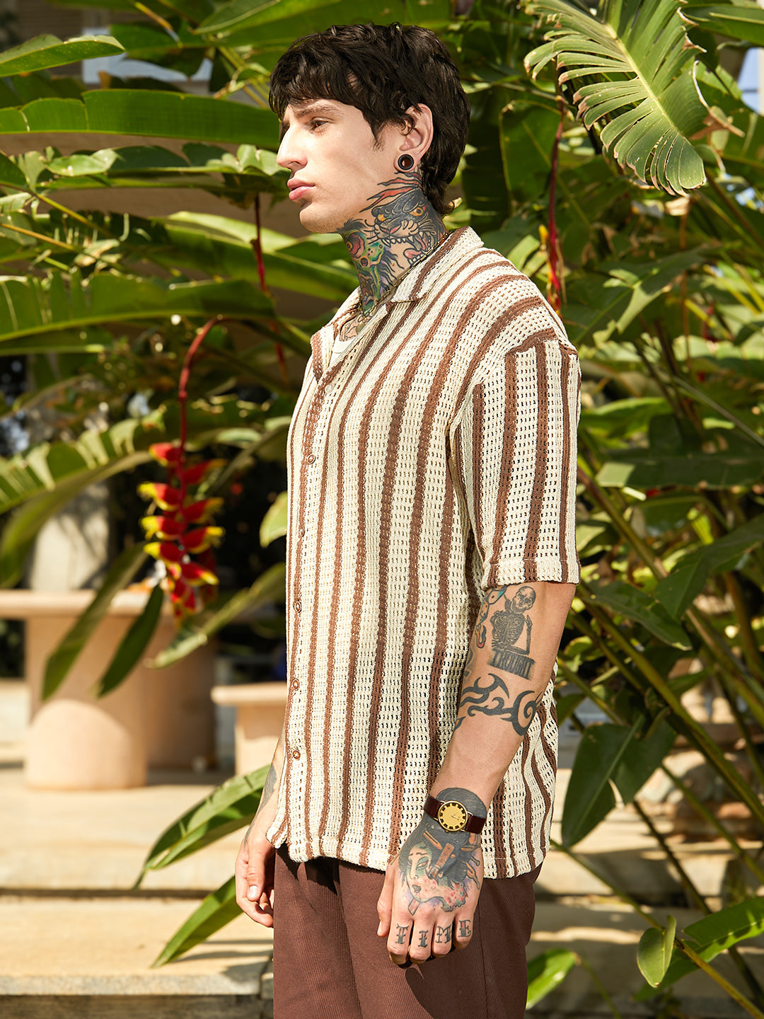 Striped Open-Knit Oversized Shirt