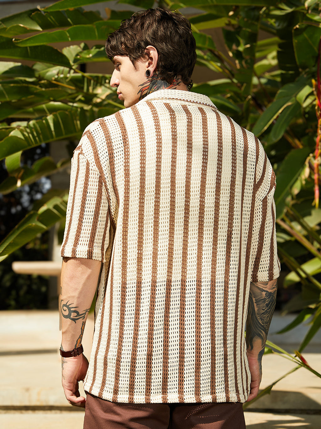 Striped Open-Knit Oversized Shirt