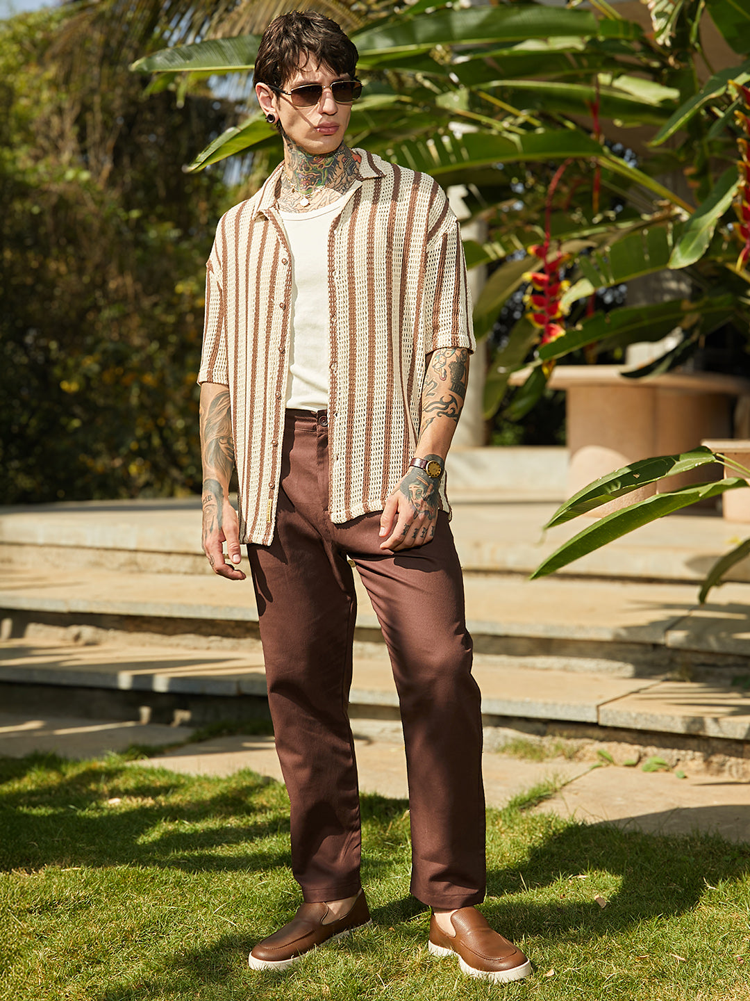 Striped Open-Knit Oversized Shirt