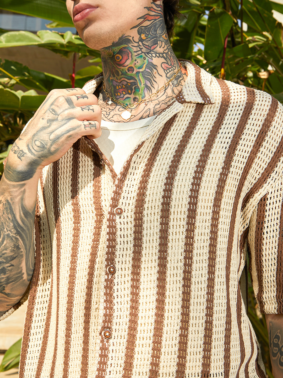 Striped Open-Knit Oversized Shirt