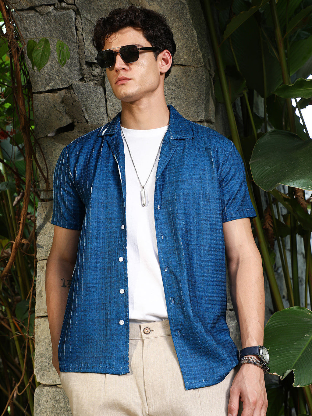 Electric Blue Dye-Textured Cuban Oversized Shirt