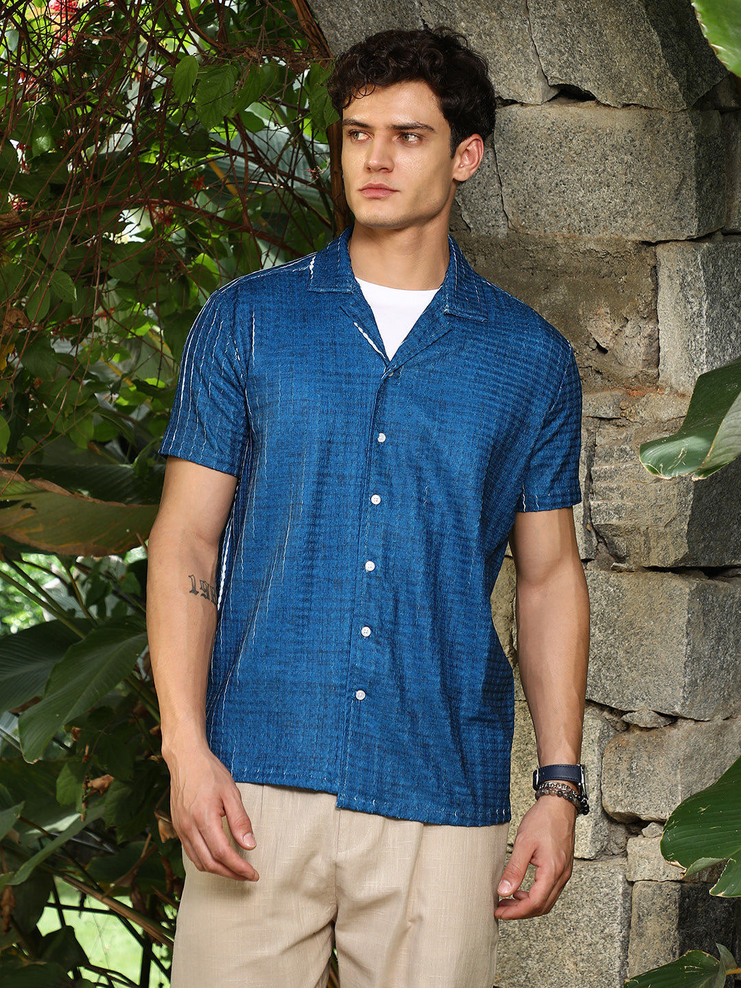 Electric Blue Dye-Textured Cuban Oversized Shirt