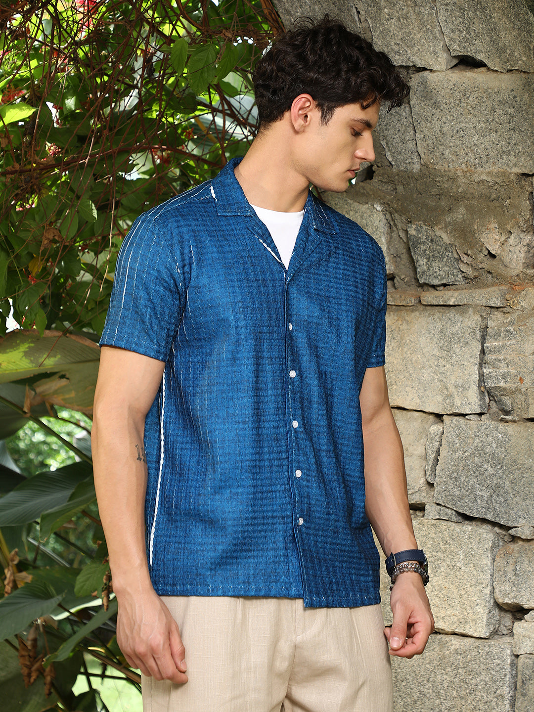 Electric Blue Dye-Textured Cuban Oversized Shirt