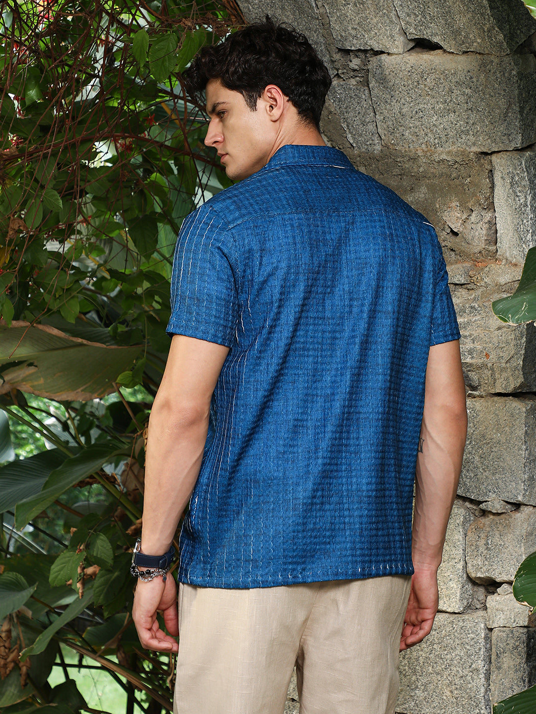 Electric Blue Dye-Textured Cuban Oversized Shirt