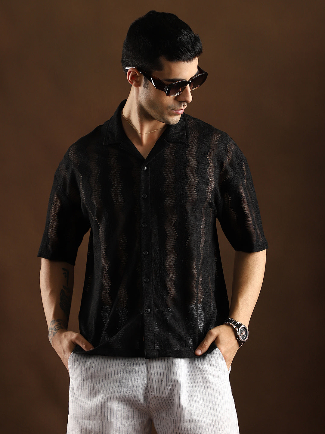 Swirl Open-Knit Resort Shirt