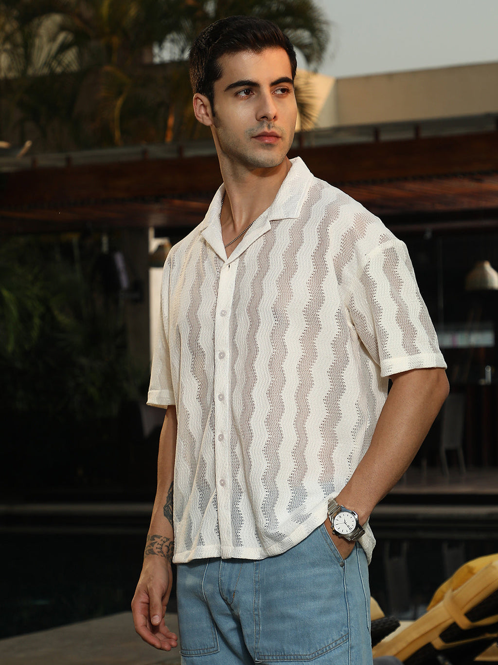 Swirl Open-Knit Resort Shirt