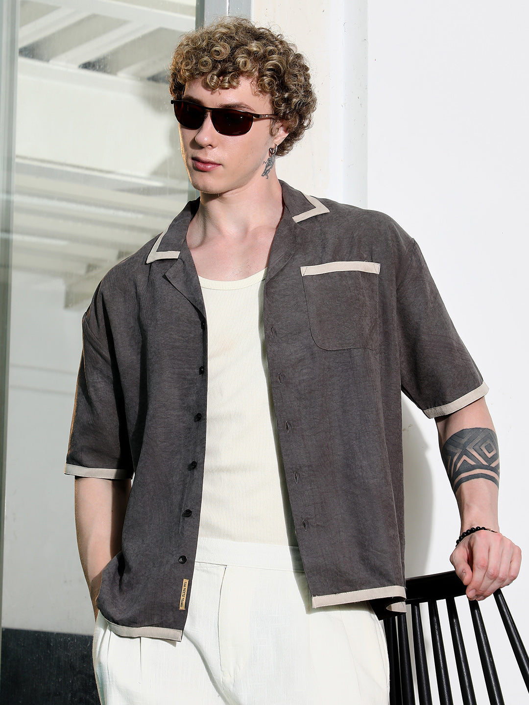 Charcoal Grey Cuban Collar Shirt With Beige Accents