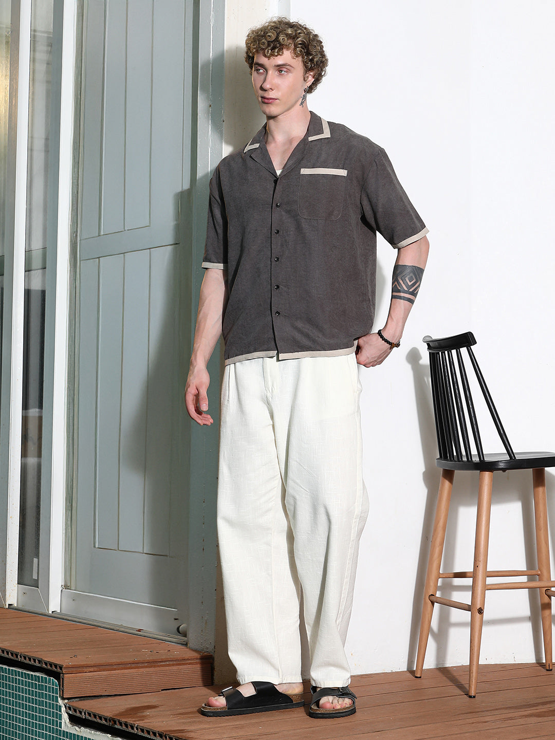 Charcoal Grey Cuban Collar Shirt With Beige Accents