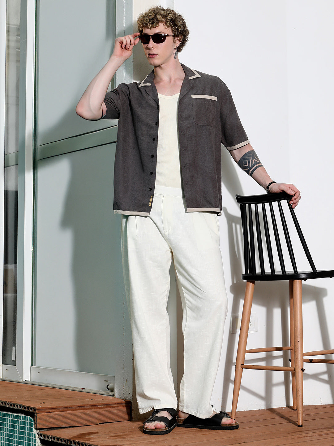 Charcoal Grey Cuban Collar Shirt With Beige Accents