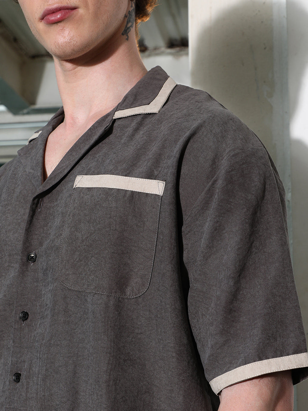 Charcoal Grey Cuban Collar Shirt With Beige Accents
