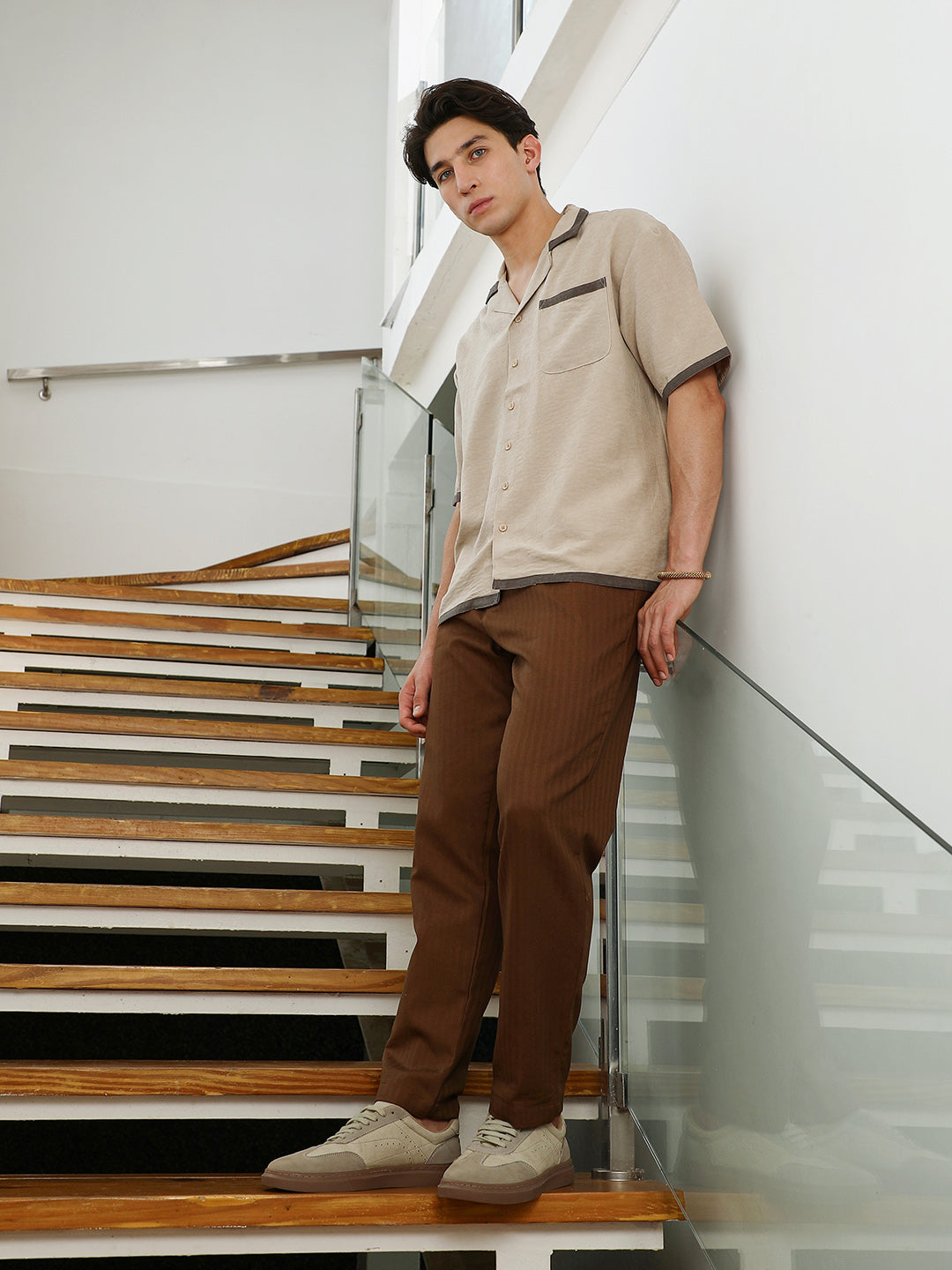 Beige Cuban Collar Shirt with Dark Brown Accents
