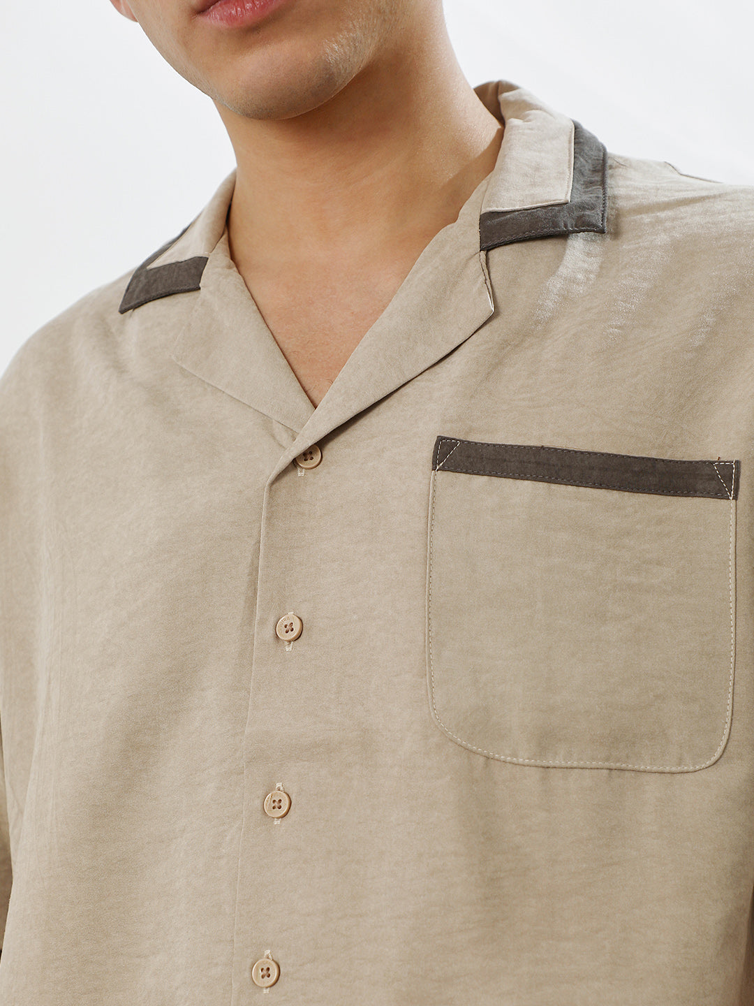 Beige Cuban Collar Shirt with Dark Brown Accents