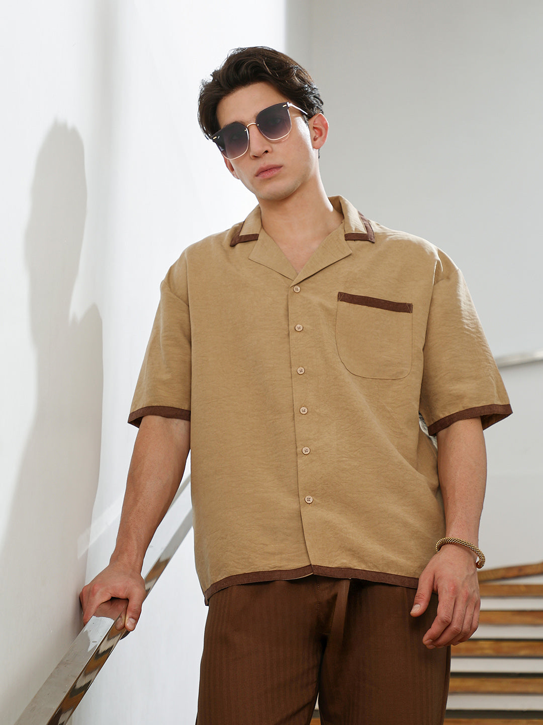 Beige Cuban Collar Short Sleeve Shirt