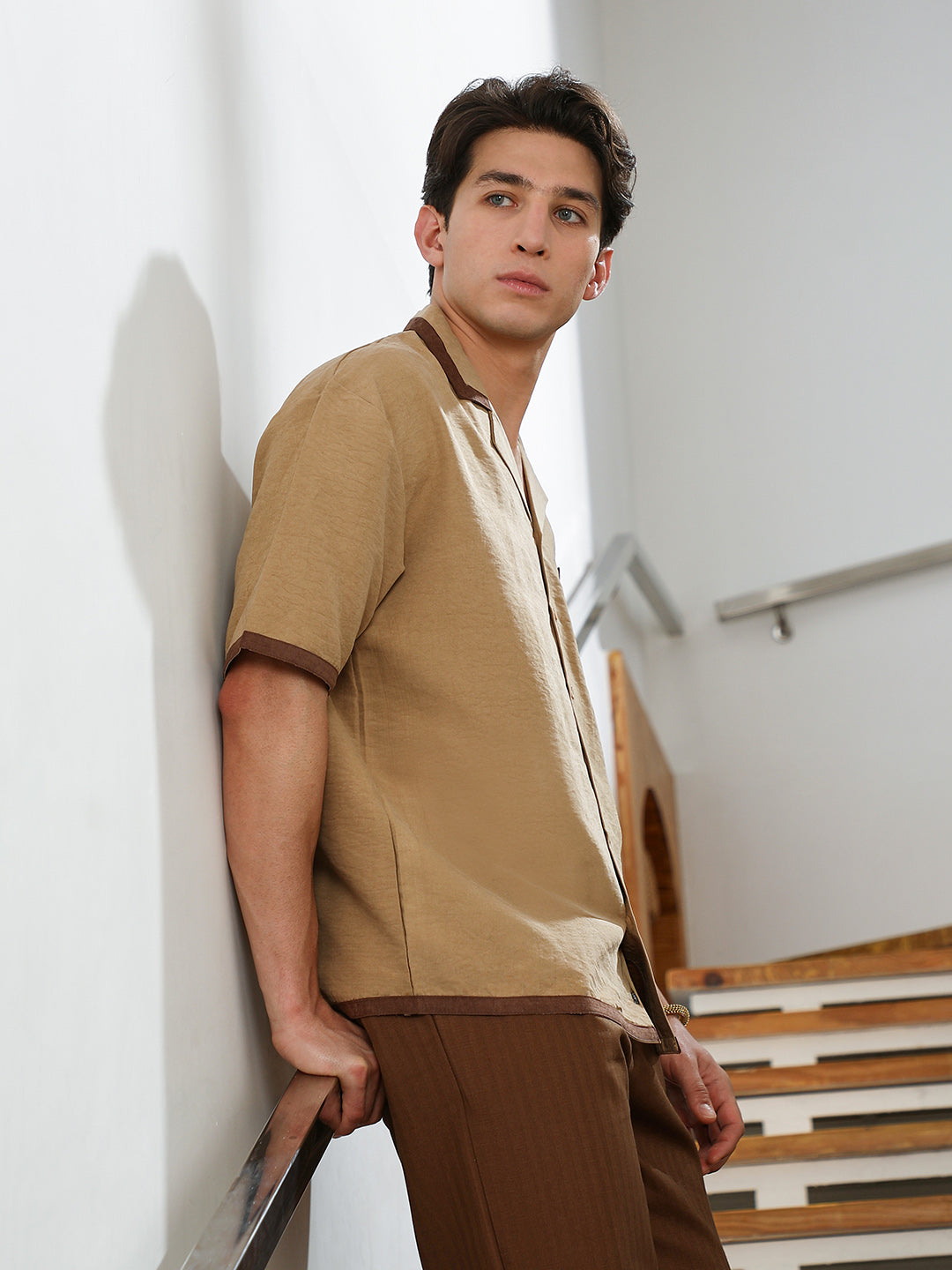 Beige Cuban Collar Short Sleeve Shirt