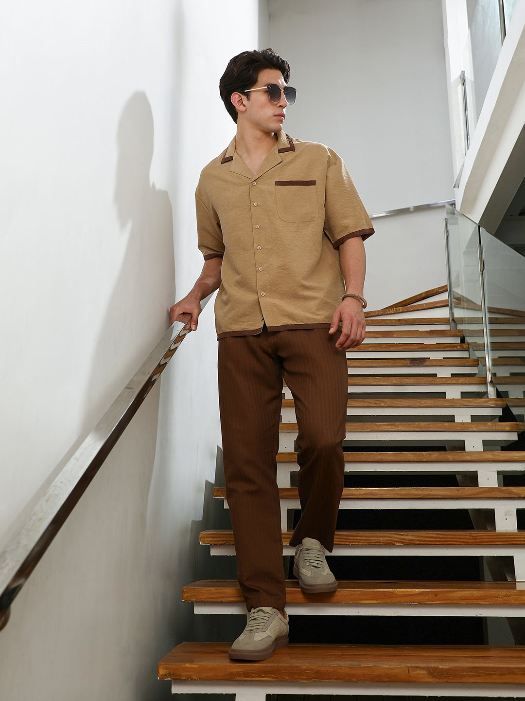 Beige Cuban Collar Short Sleeve Shirt