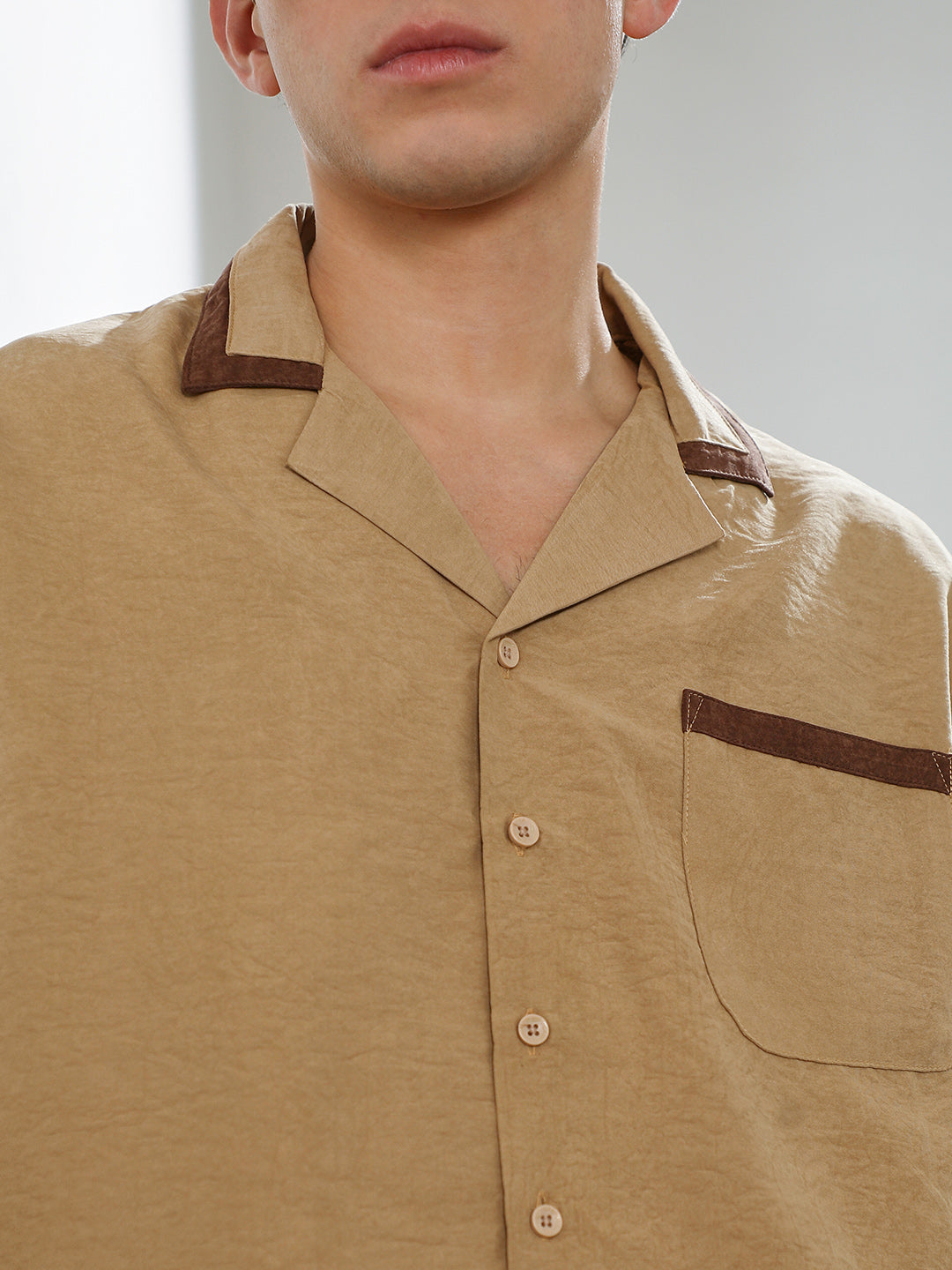 Beige Cuban Collar Short Sleeve Shirt