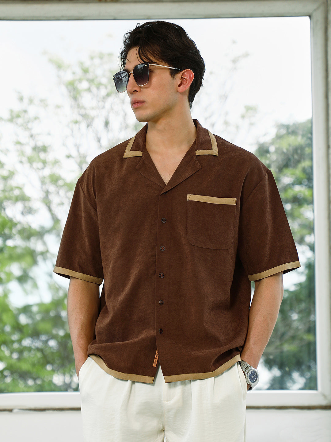 Brown Cuban Collar Shirt With Beige Accents