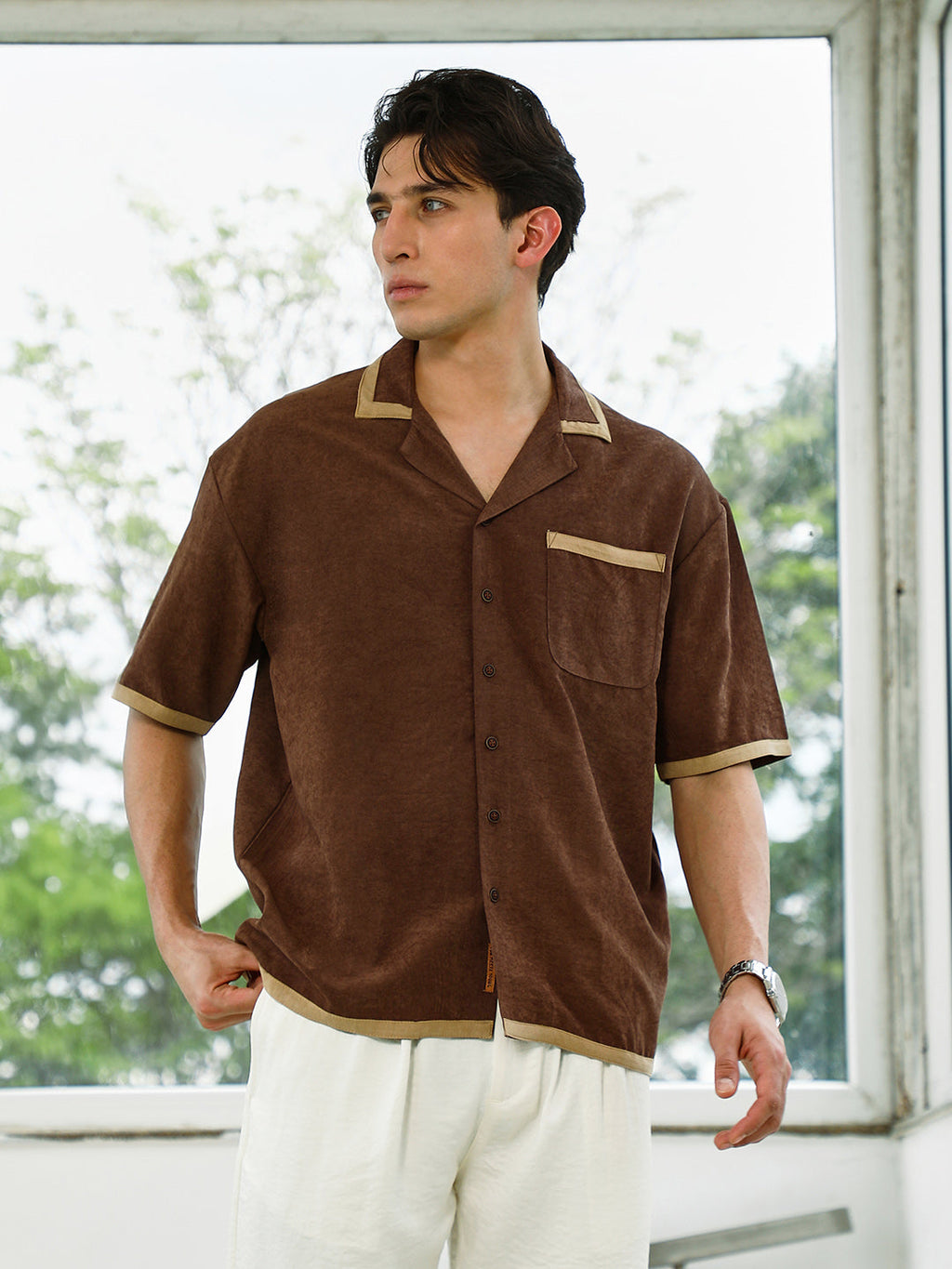 Brown Cuban Collar Shirt With Beige Accents