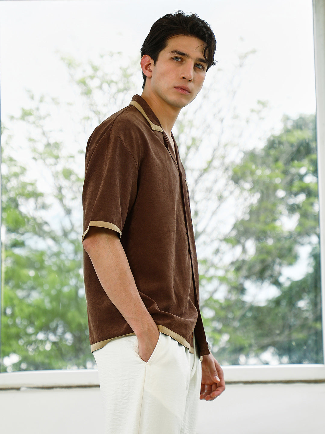 Brown Cuban Collar Shirt With Beige Accents