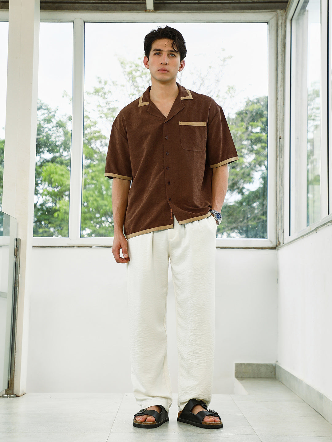 Brown Cuban Collar Shirt With Beige Accents