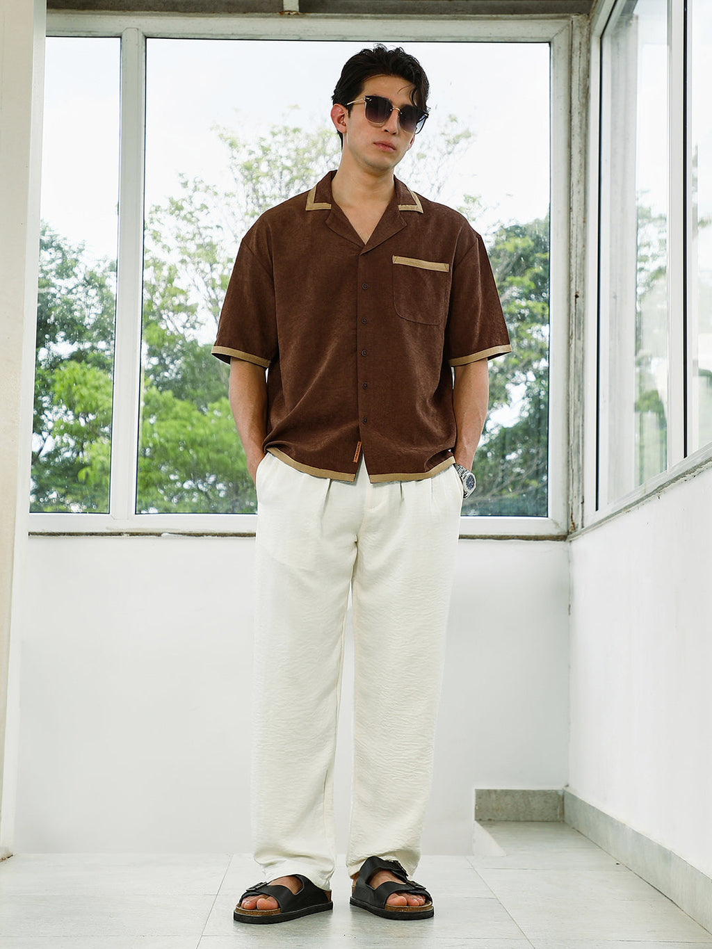 Brown Cuban Collar Shirt With Beige Accents