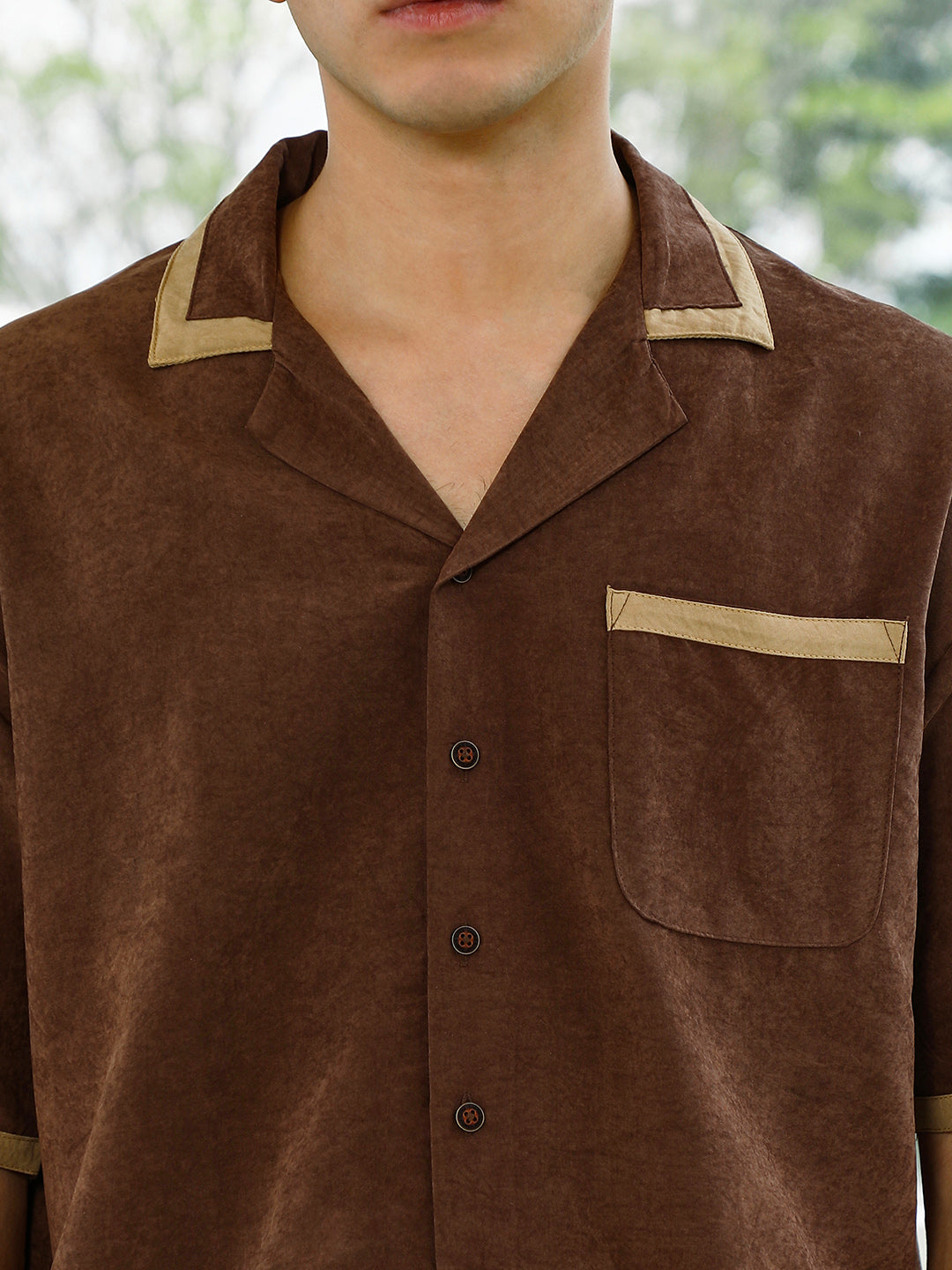 Brown Cuban Collar Shirt With Beige Accents