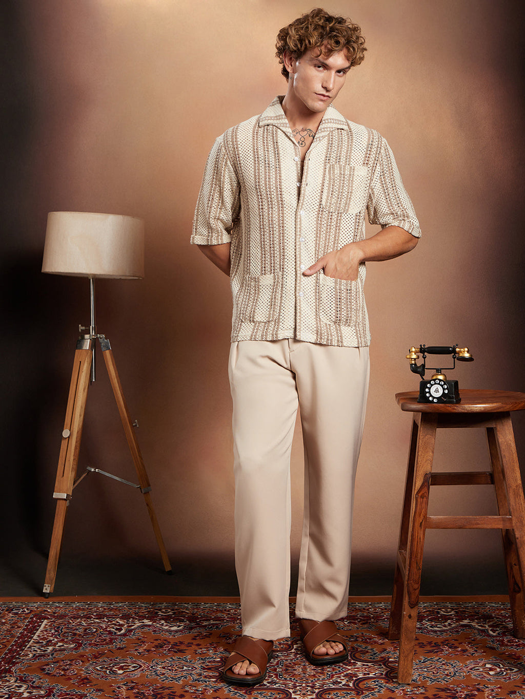 Striped Open-Knit Oversized Shirt