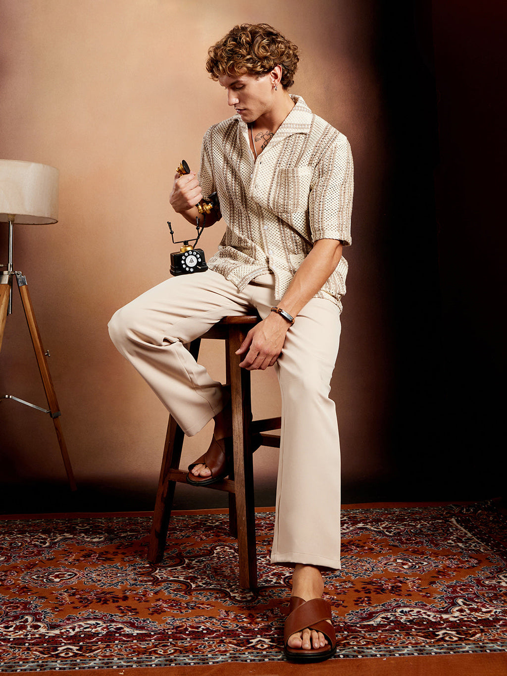 Striped Open-Knit Oversized Shirt