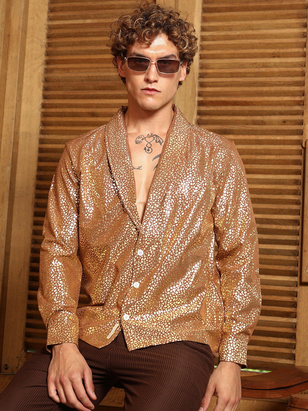 Metallic Shawl Collar Oversized Shirt