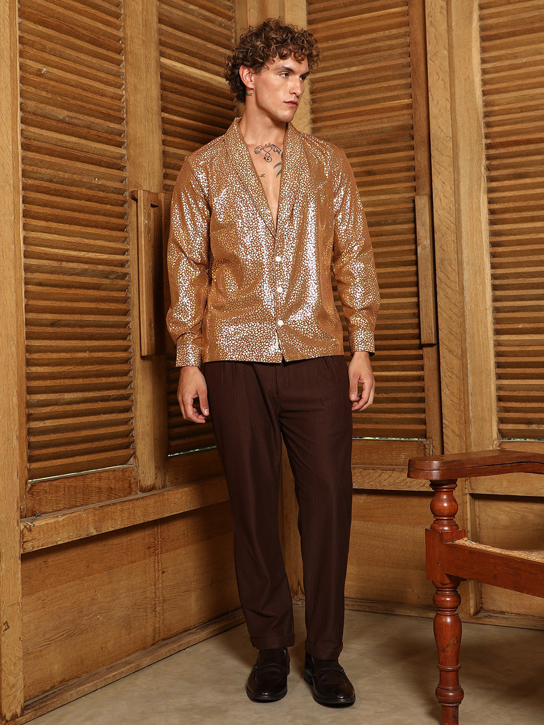 Metallic Shawl Collar Oversized Shirt