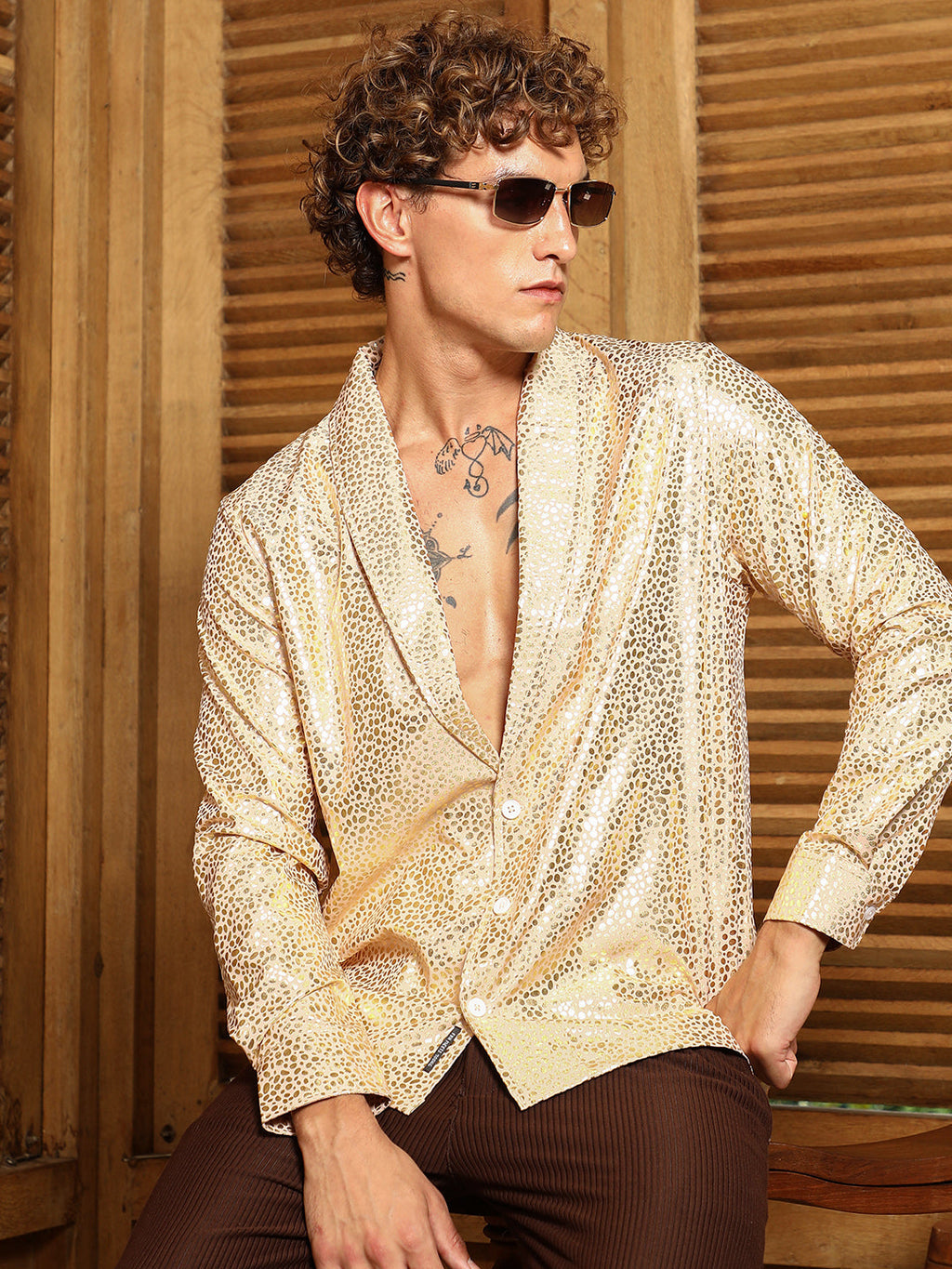 Metallic Shawl Collar Oversized Shirt