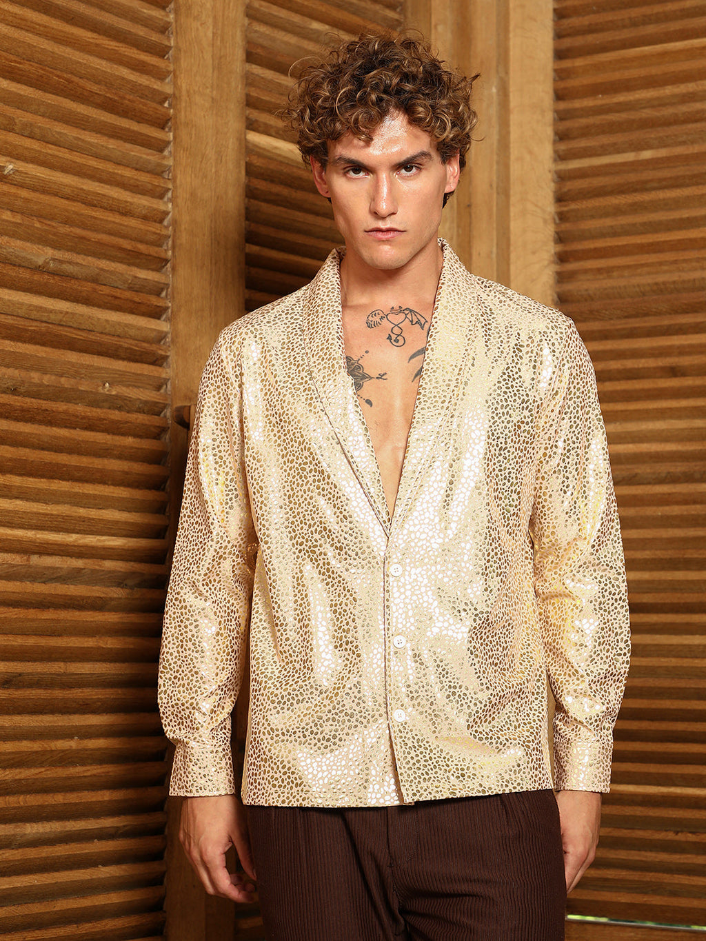 Metallic Shawl Collar Oversized Shirt