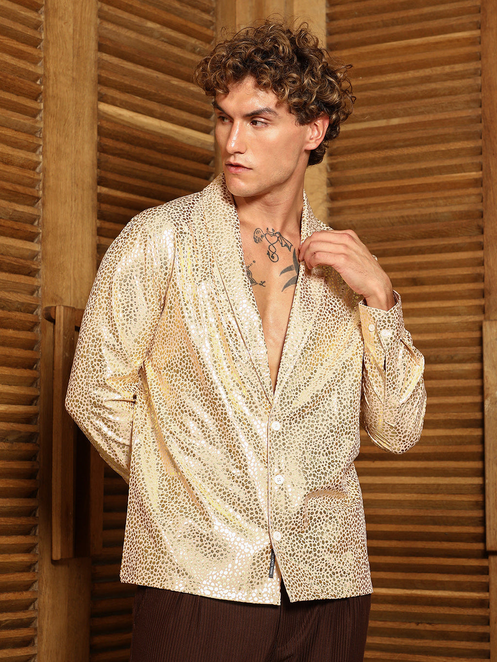 Metallic Shawl Collar Oversized Shirt