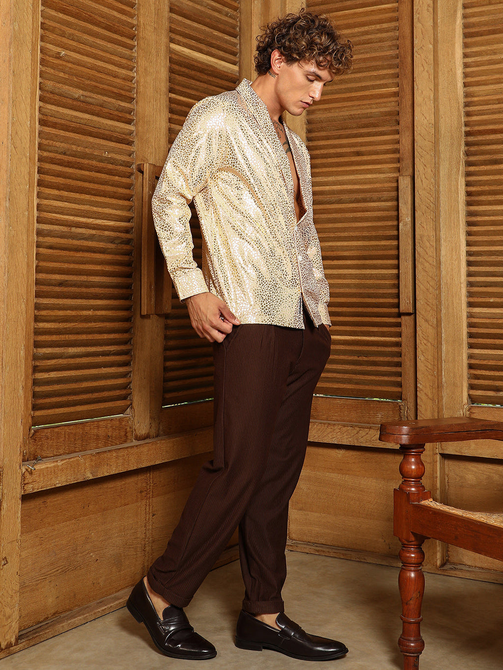 Metallic Shawl Collar Oversized Shirt