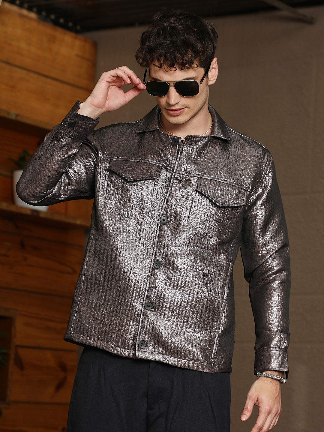 ₹1,299 | Campus Sutra Men's Space Grey Metallic Utility Shacket ...