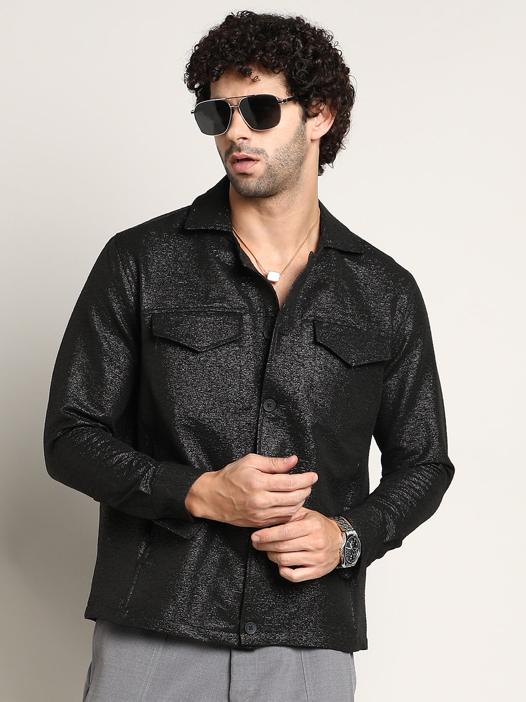 ₹1,299 | Campus Sutra Men's Onyx Black Metallic Utility Shacket ...