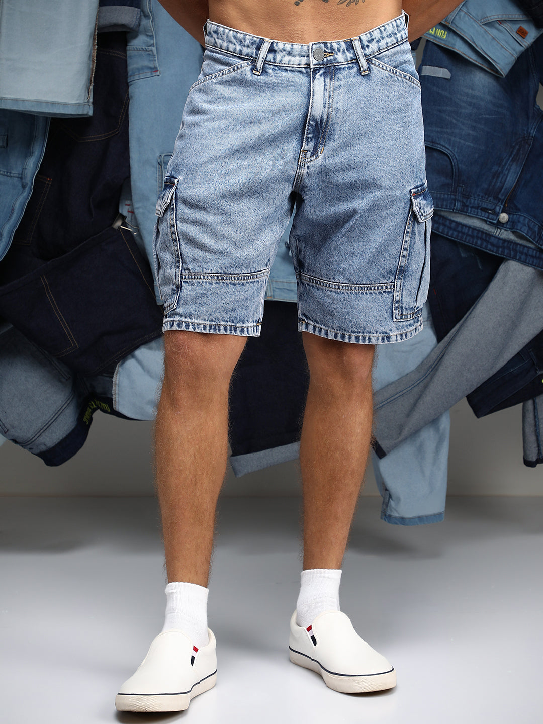 Acid-Wash Utility Denim Shorts