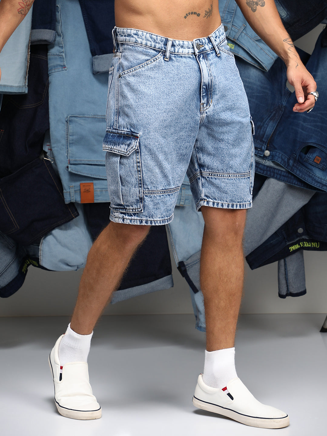 Acid-Wash Utility Denim Shorts