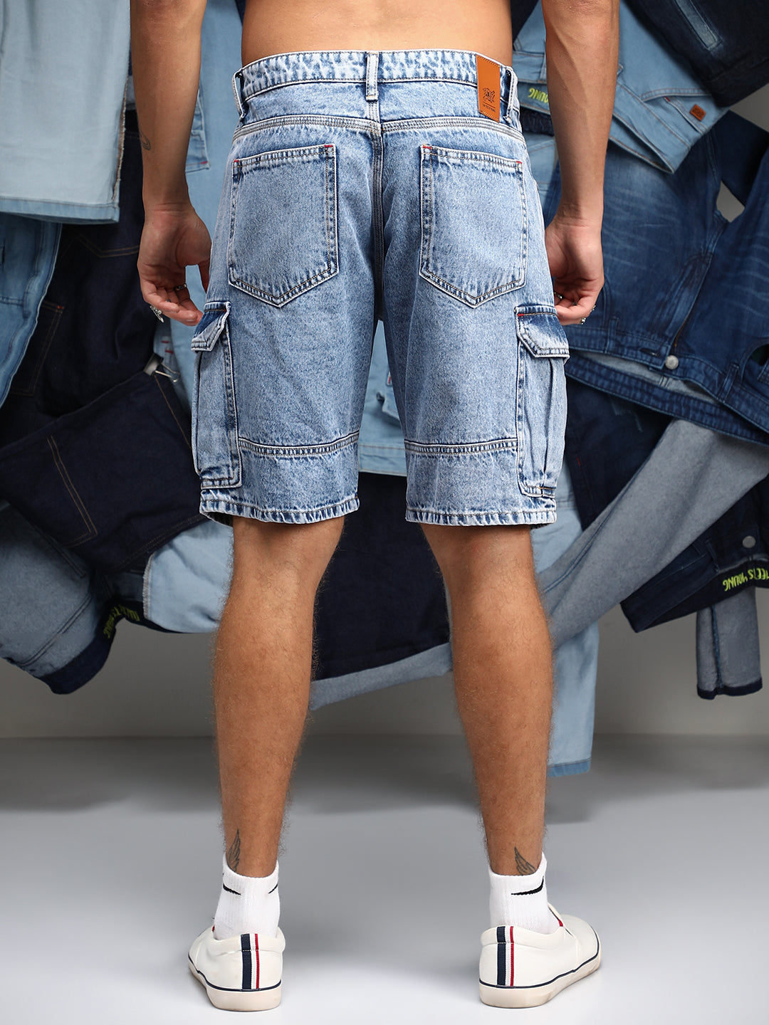 Acid-Wash Utility Denim Shorts