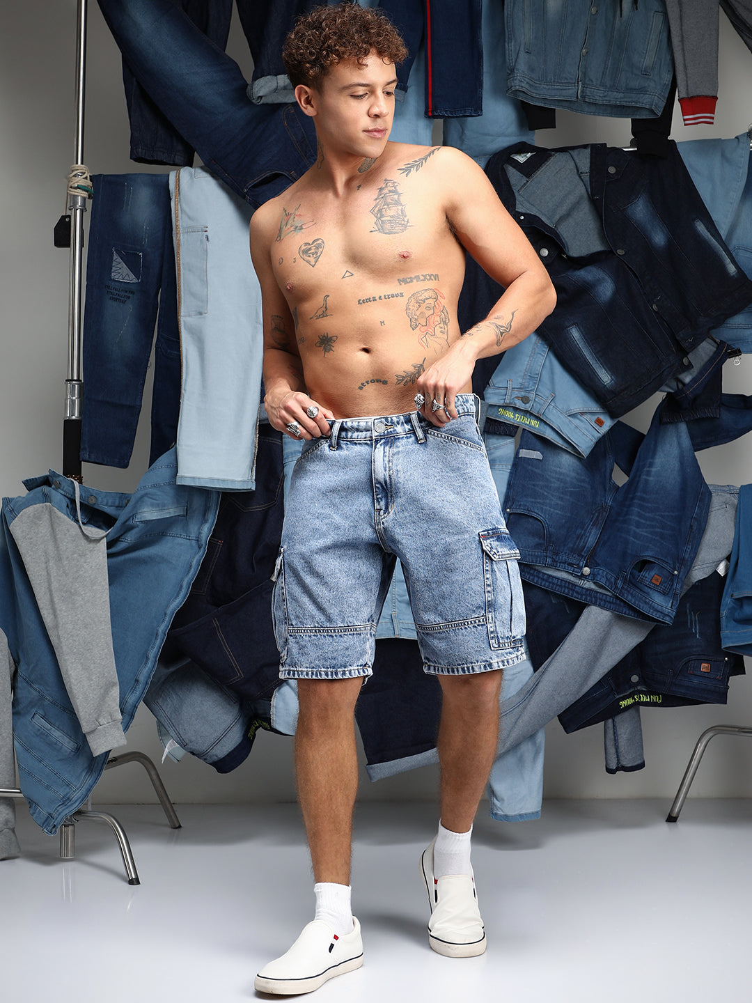 Acid-Wash Utility Denim Shorts