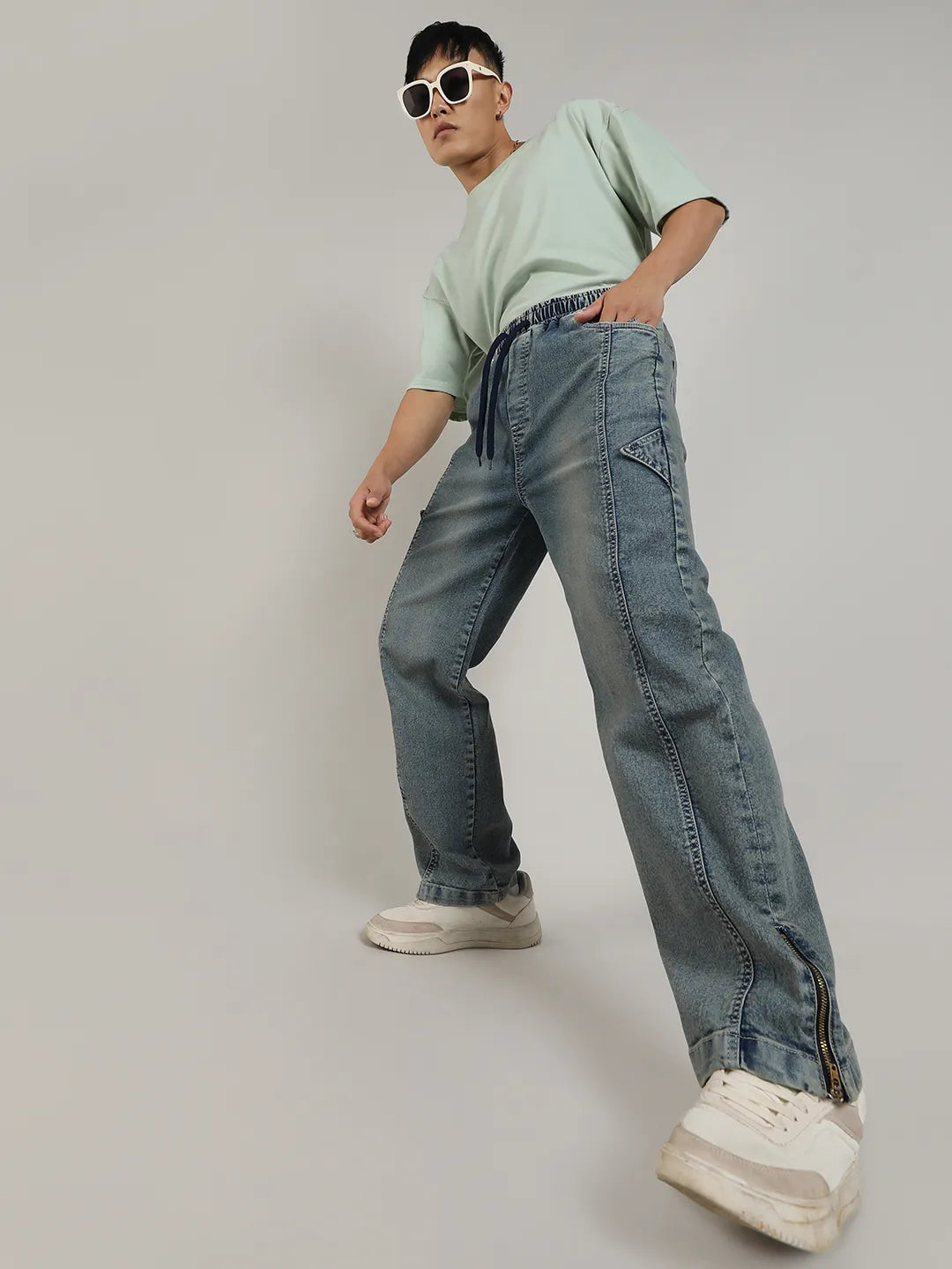 Acid-Wash Baggy Denim Jeans