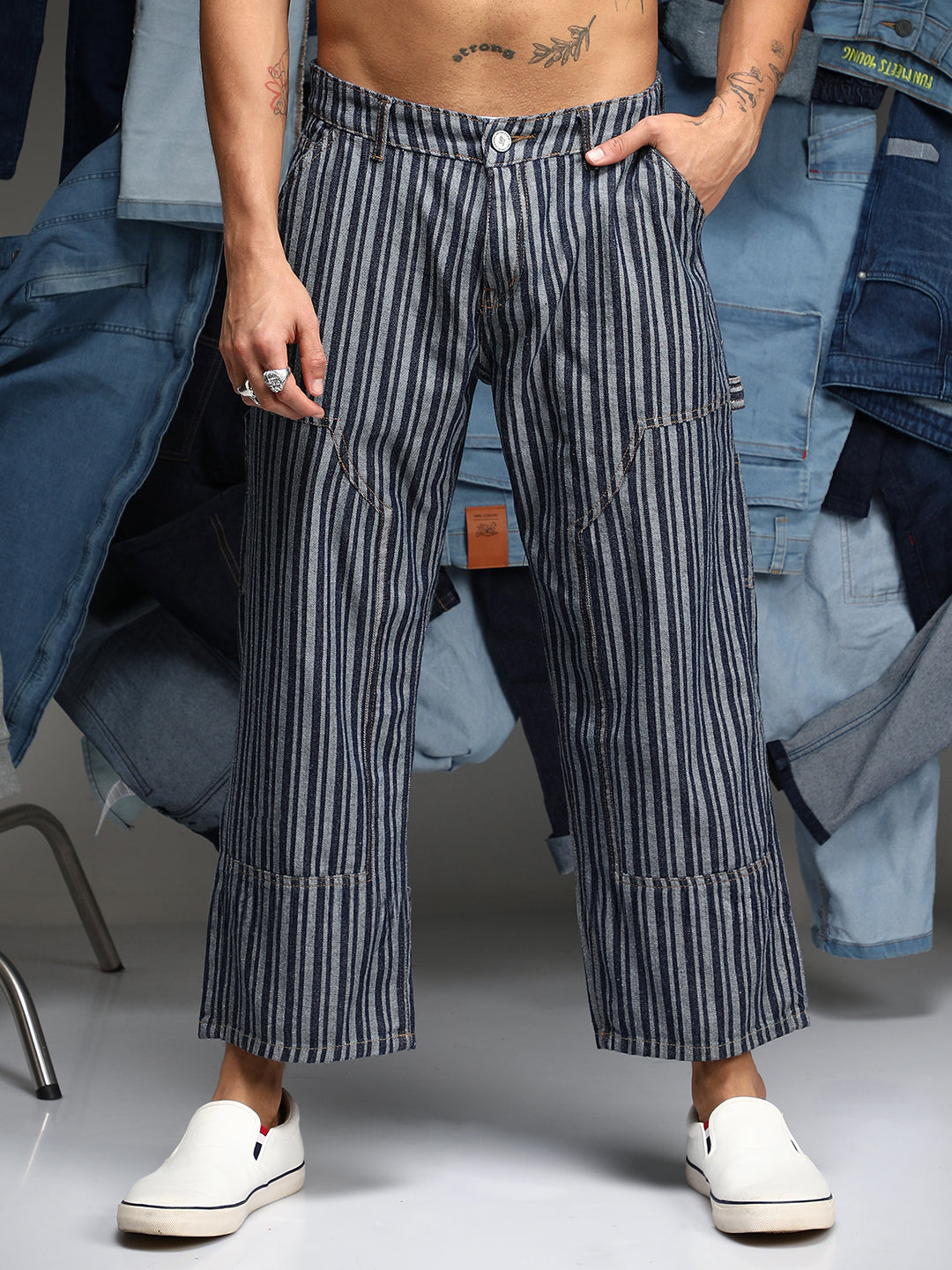 Striped Baggy Utility Denim Jeans