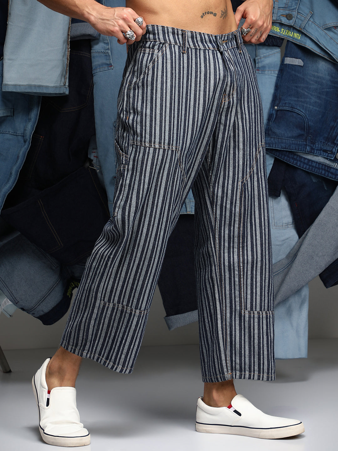 Striped Baggy Utility Denim Jeans