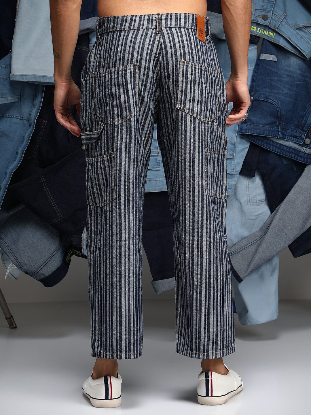 Striped Baggy Utility Denim Jeans