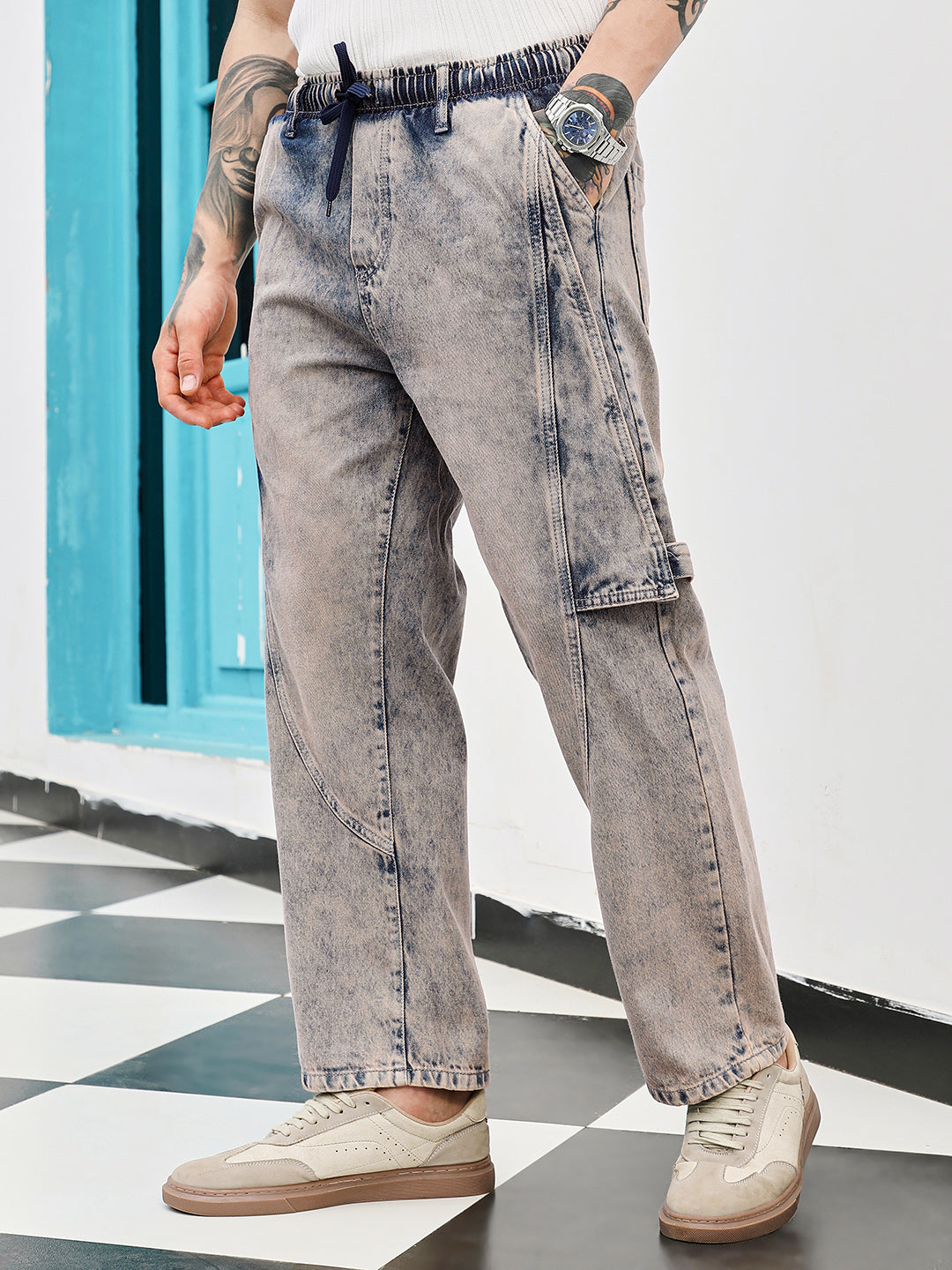 Acid-Wash Panelled Denim Jeans