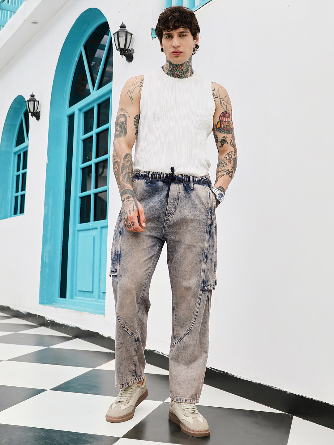 Acid-Wash Panelled Denim Jeans