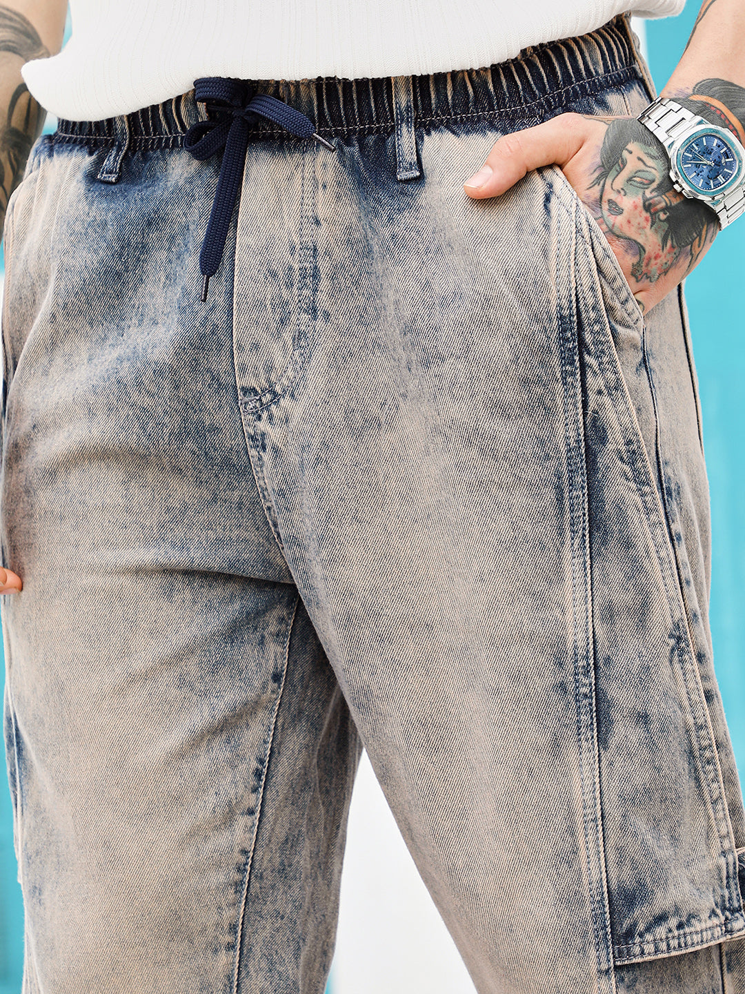 Acid-Wash Panelled Denim Jeans